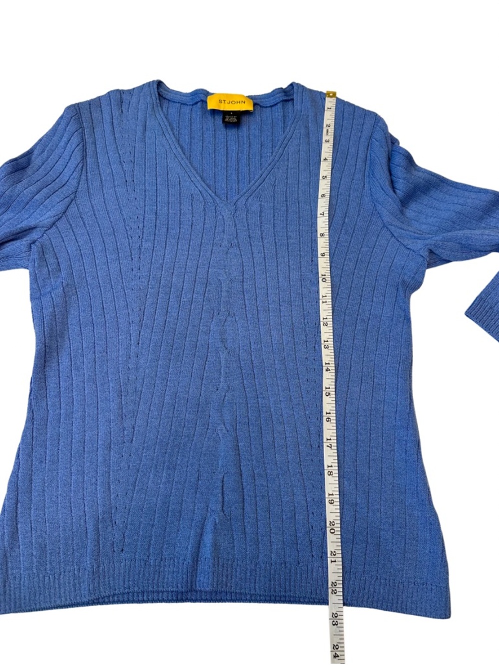 St. John Collection Blue Santana Knit Style Ribbed V-Neck 3/4th Sleeve Sz S - Picture 13 of 14
